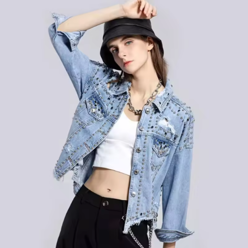 custom rivets plus size vintage womens blue denim ripped jeans crop jackets